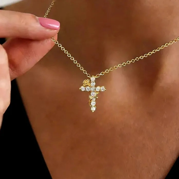 Zircon Cross Pendant Necklace for Women Gold Rose Trendy Fashion Jewelry