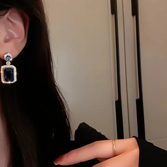 Full Bling Iced Out Blue Green Cubic Zirconia Geometric Drop Earrings for Women Wedding Party Jewelry Copper Alloy