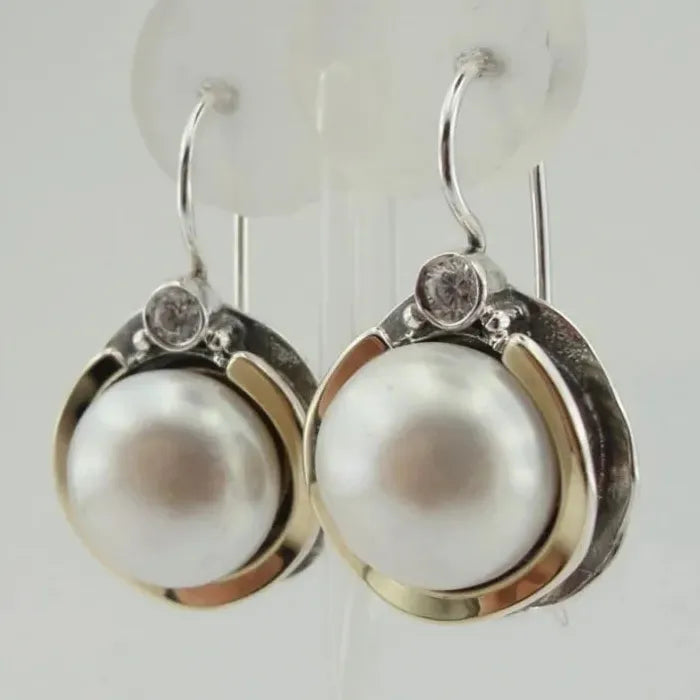 Vintage Two Tone Imitation Pearl Drop Earrings for Women Zinc Alloy Jewelry