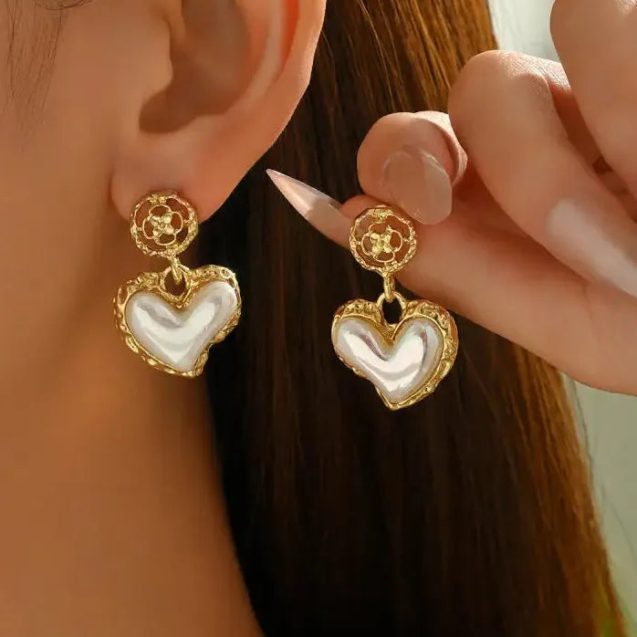 Geometric Heart Shaped Imitation Pearl Drop Earrings Vintage Boho Jewelry