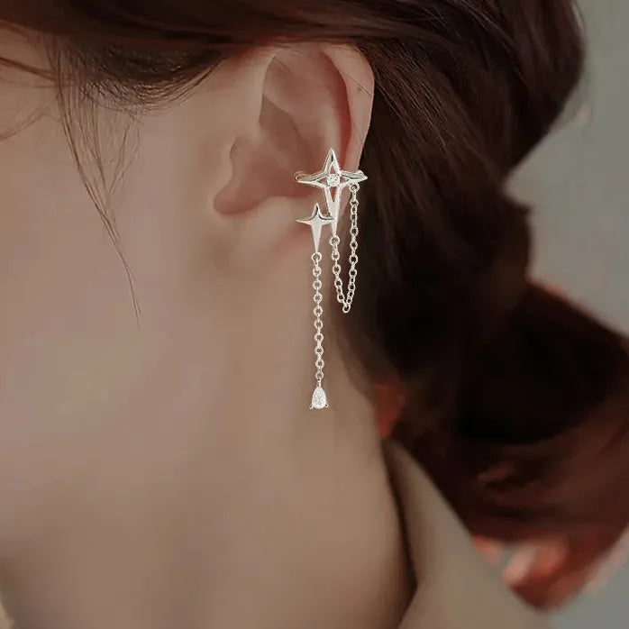 Silver Star Crystal Tassel Clip-On Cuff Earrings for Women Jewelry