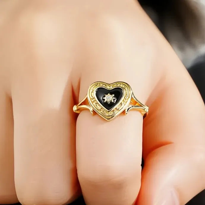 Black Heart Enamel Ring with Sun Design for Women Wedding Party Brass Cubic Zirconia
