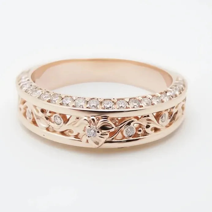 Rose Gold Flower Hollow Band Ring with Sparkling CZ Cubic Zirconia