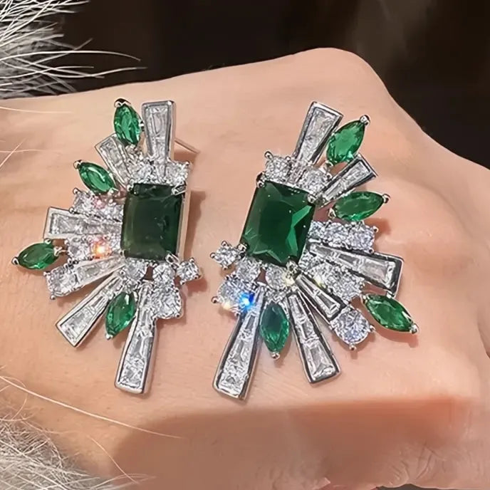 Luxury Women Geometric Copper Alloy Stud Earrings Inlaid Green White CZ Jewelry Gift