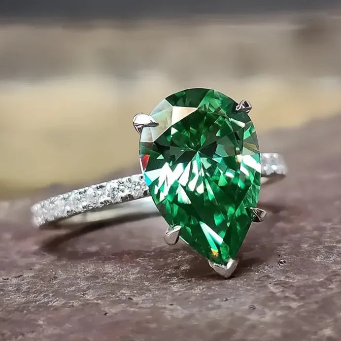 Pear Green CZ Waterdrop Geometric Wedding Engagement Ring for Women
