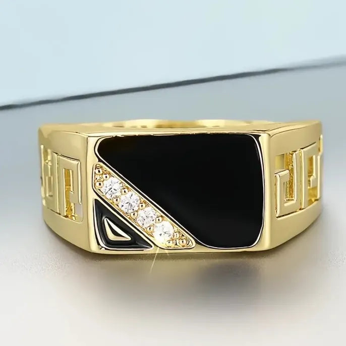 Gold Brass Women’s Wedding Band Ring Black Glaze Cubic Zirconia Hollow-Out