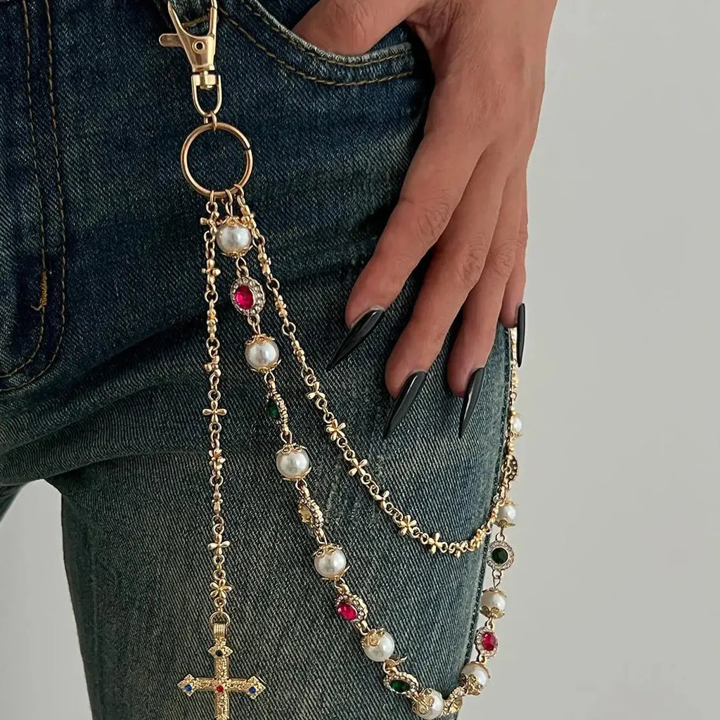 Punk Gothic Zinc Alloy Cross Pendant Multi-Layer Pearl Waist Chain Jewelry