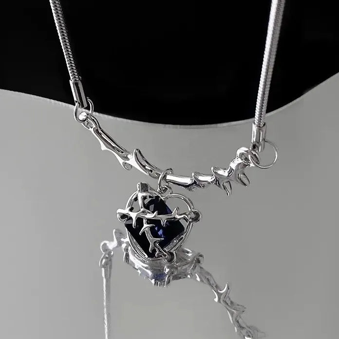 Heart Zircon Pendant Necklace with Irregular Chain Silver Y2K Gift