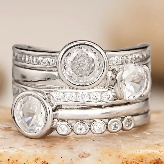 Silver Women's Geometric Cubic Zirconia Wedding Band Ring for Party