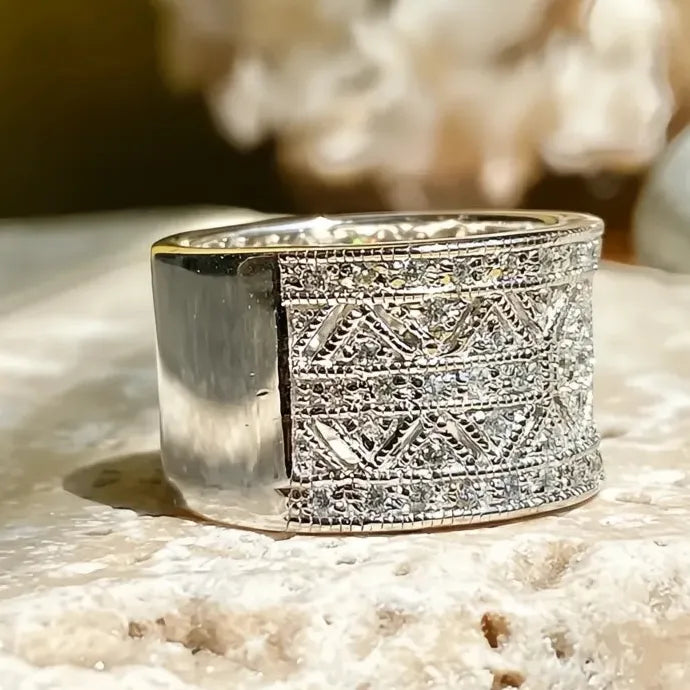 Women Silver Wide Wedding Ring Cubic Zirconia Fashion Jewelry Brass