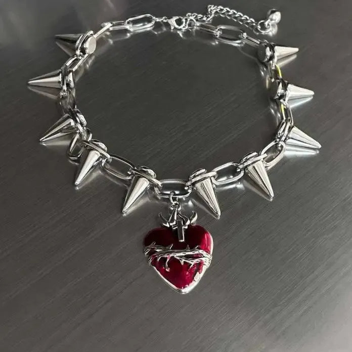 Punk Gothic Red Heart Pendant Necklace Metal Rivet Spike Choker Unisex