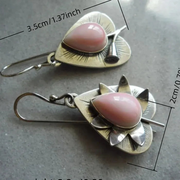 Vintage Heart-Shaped Carved Pattern Earrings with Pink Gemstones Bohemian Jewelry