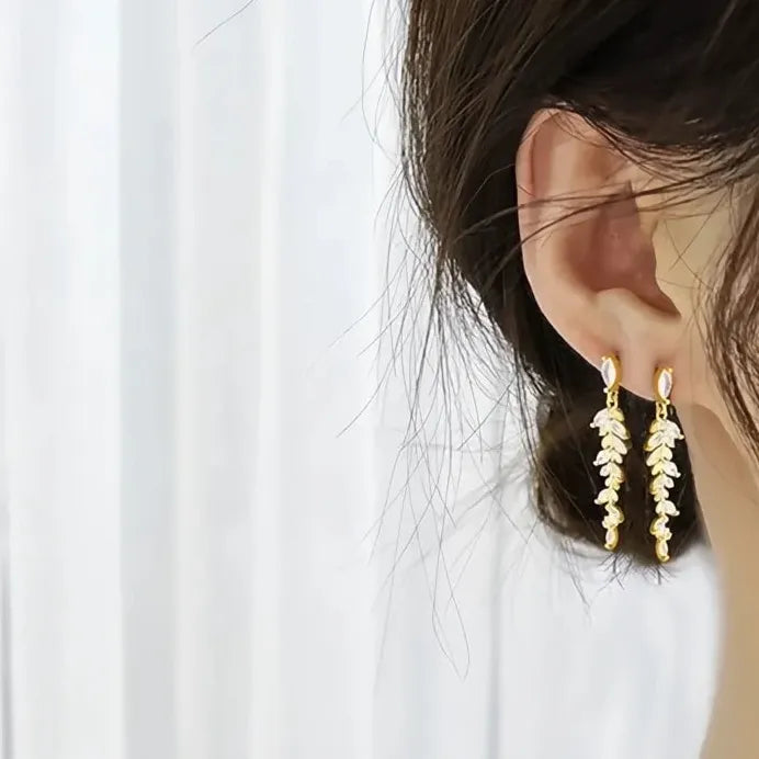 Gold Leaf Shaped Dangle Earrings with Sparkling Cubic Zirconia for Women