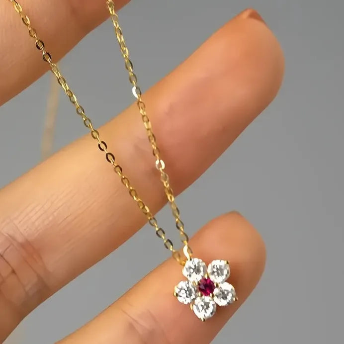 Geometric Flower Pendant Necklace with Red Cubic Zirconia for Women Party