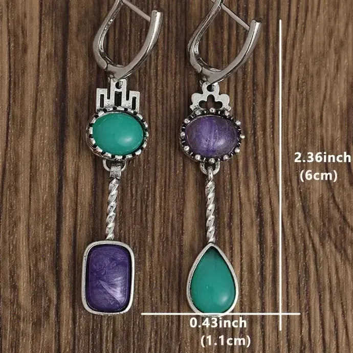 Retro Asymmetric Waterdrop Deep Blue Flower Zinc Alloy Drop Earrings