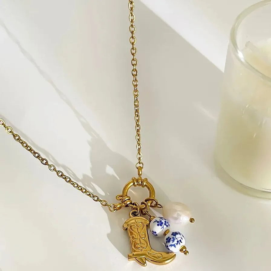 18k Gold Stainless Steel Cowboy Boot Pendant Necklace Pearl Choker Blue White Porcelain