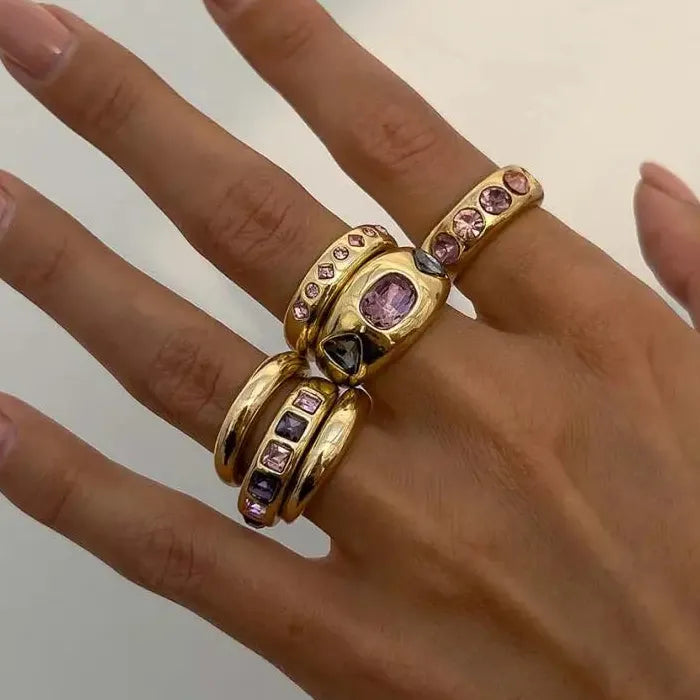 6Pcs Adjustable Purple Zircon Geometric Rings for Women Vintage Style