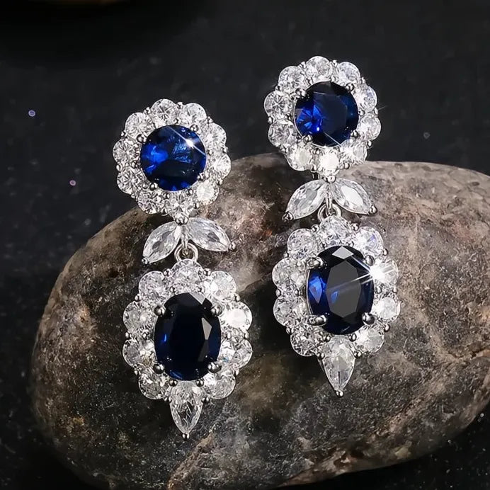 Blue Geometric Cubic Zirconia Drop Earrings for Women Wedding Jewelry