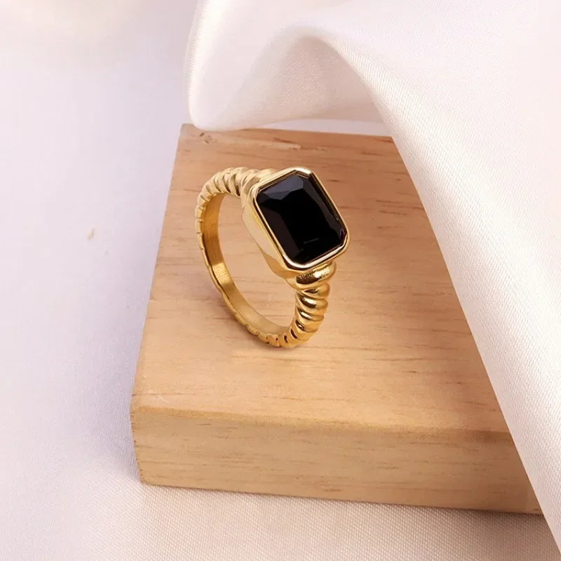 18K Gold Plated Stainless Steel Square Multi-Color Crystal CZ Chunky Ring