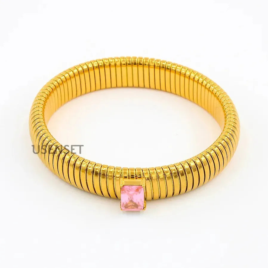 Hip Hop 18K Gold Plated Stainless Steel Wide Cuff Bracelet Crystal Bangle Jewelry