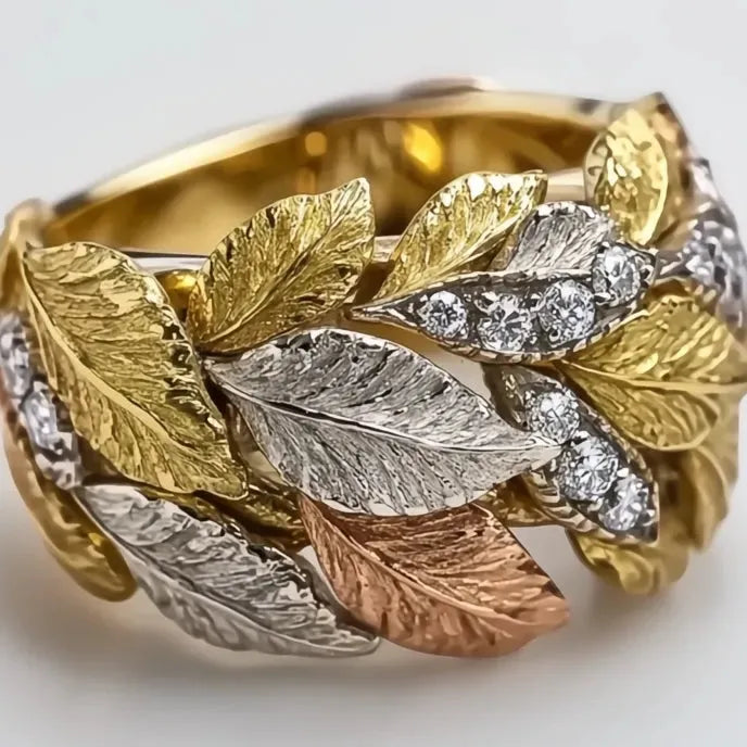 Brass Cocktail Ring for Women with Leaf Design and Shiny Cubic Zirconia Wedding Party Jewelry