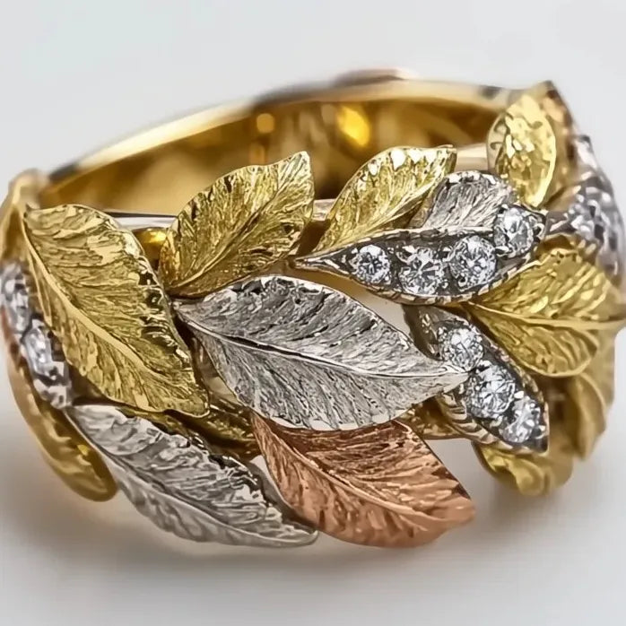 Three-Tone Leaf Cubic Zirconia Wedding Band Ring for Women Brass Jewelry