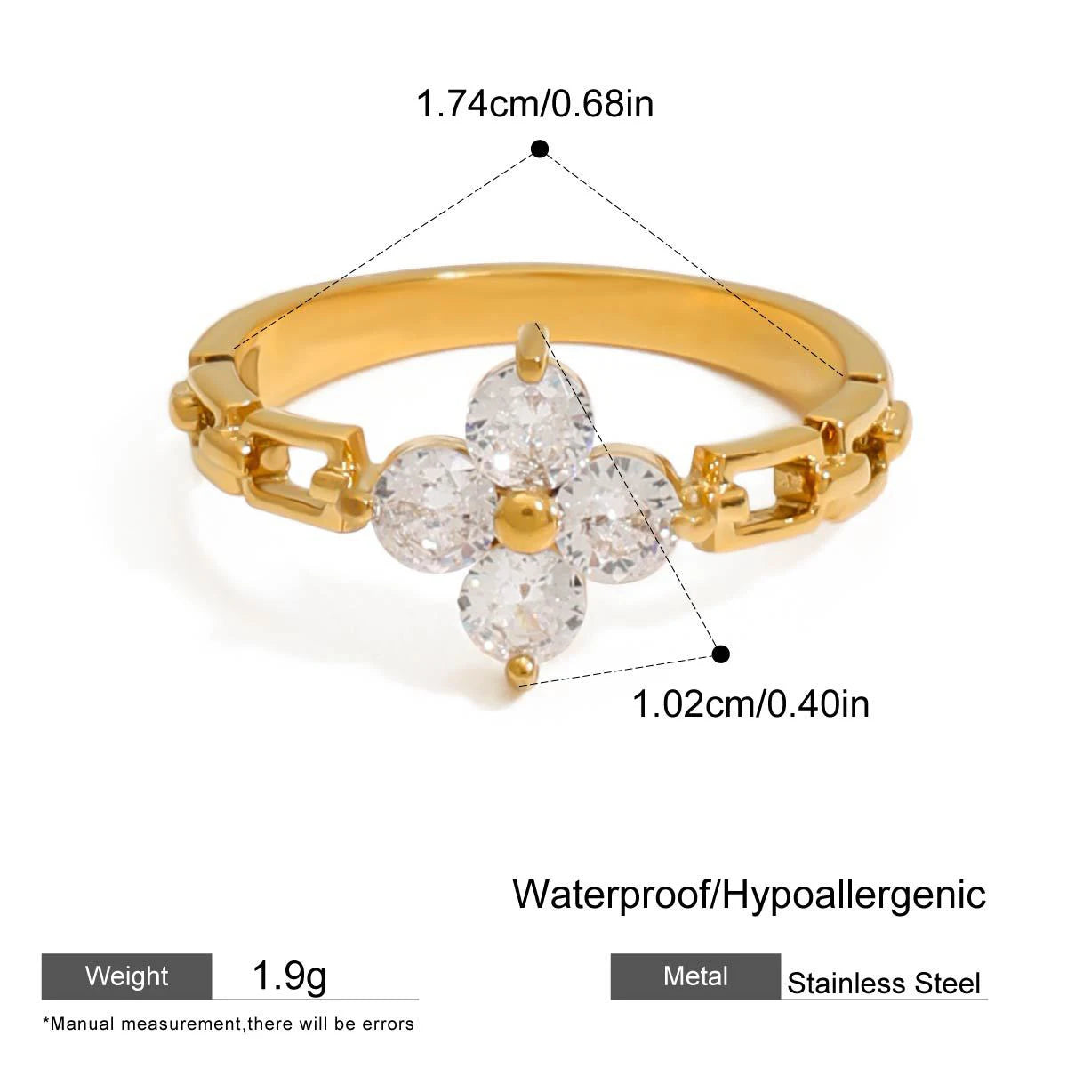 18K Gold Plated White Heart Waterdrop Zircon Wedding Ring Women Adjustable Stainless Steel