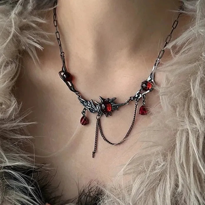 Black Stainless Steel Chain Necklace with Red Zircon Waterdrop Pendant