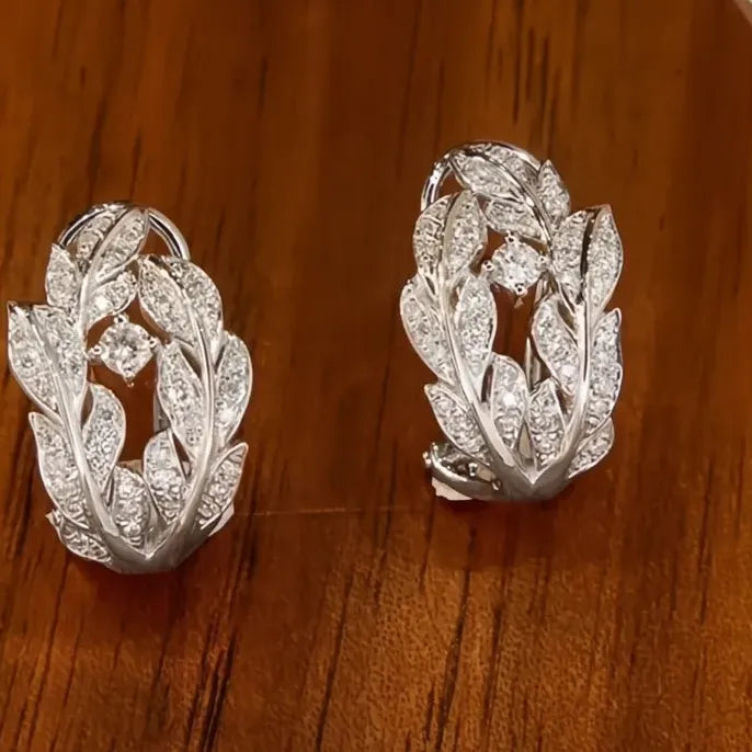 Geometric Silver Leaf Hoop Earrings with Cubic Zirconia Wedding Jewelry