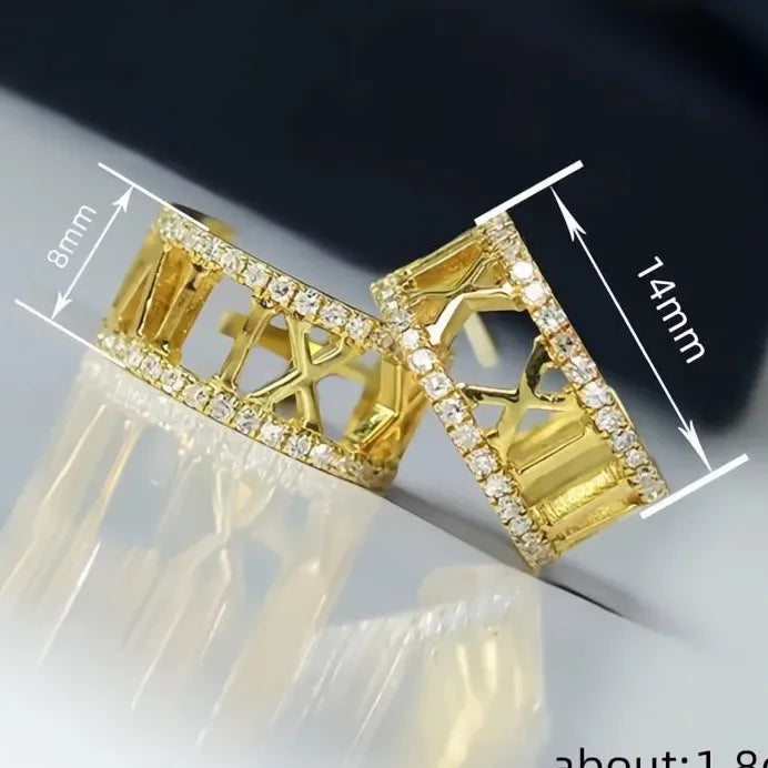 Trendy Women’s Hoop Earrings with Roman Numerals and Cubic Zirconia