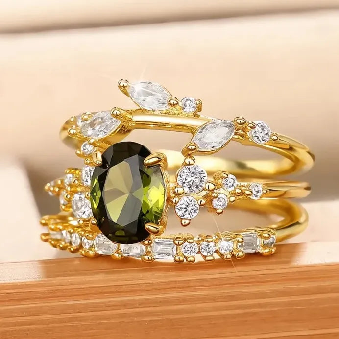 Oval Olive Leaf CZ Bridal Ring Set for Women Wedding Party Brass Jewelry