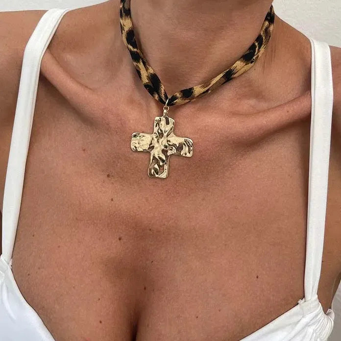 Vintage Large Starfish Pendant Necklace for Women Brown Leopard Print Rope Choker Jewelry