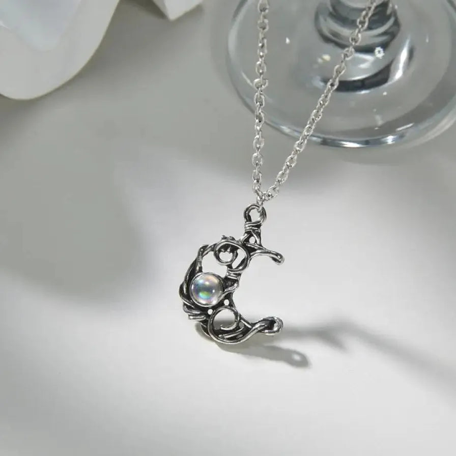 Moonstone Crescent Moon Pendant Necklace Vintage Boho Celestial Jewelry Gifts