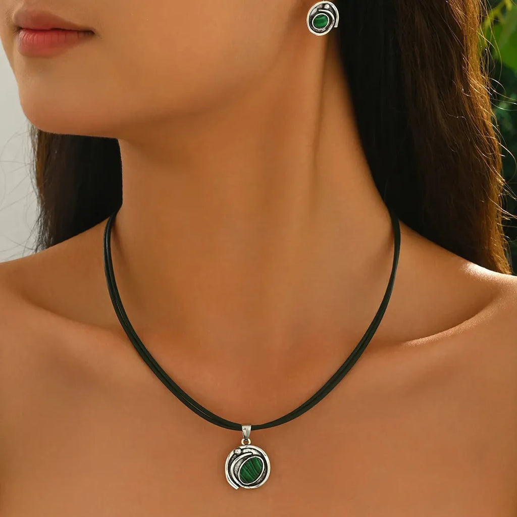 Vintage Bohemian Green Resin Oval Jewelry Set Zinc Alloy Necklace Earrings Gift