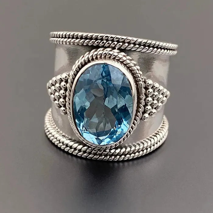 Men's Retro Oval Blue Cubic Zirconia Ring Wide Face Zinc Alloy Jewelry Gift