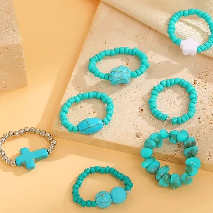 Cross Beads Ring Set for Women Ethnic Retro Blue Stone Jewelry Gift
