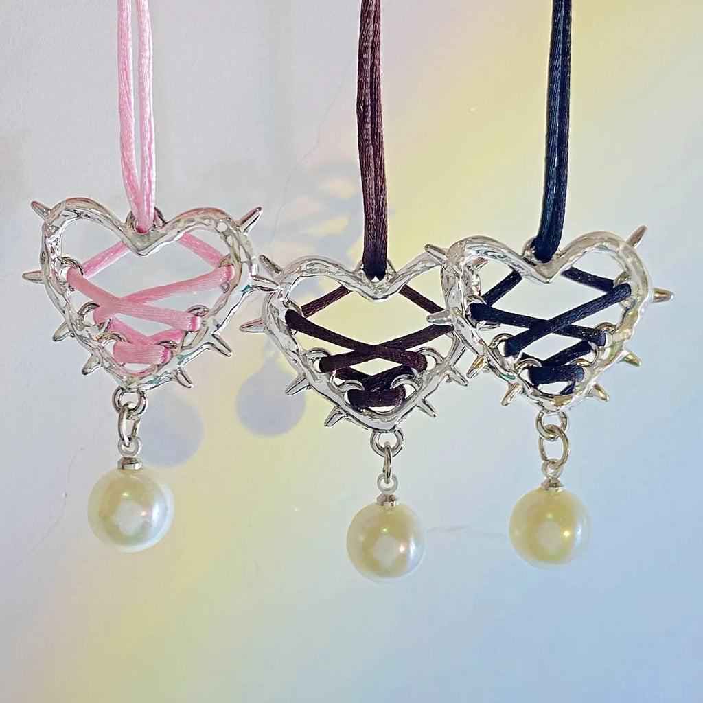 Pink Black Bow Tie Heart Pearl Pendant Necklace for Women Jewelry