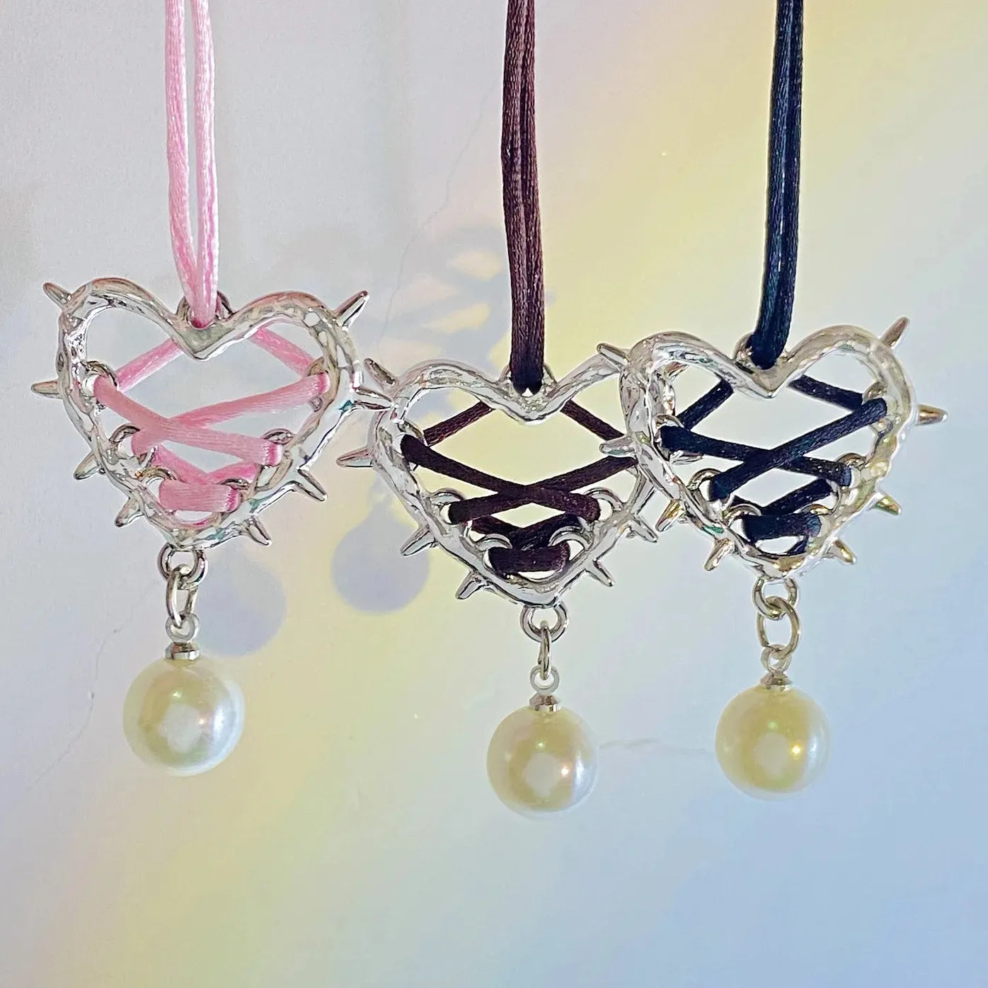 Pink Black Bow Tie Heart Pearl Pendant Necklace for Women Jewelry