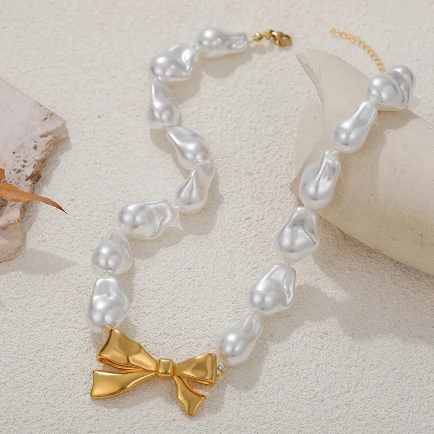 Handmade Gold Bowknot Pendant Irregular Baroque Pearl Necklace for Women
