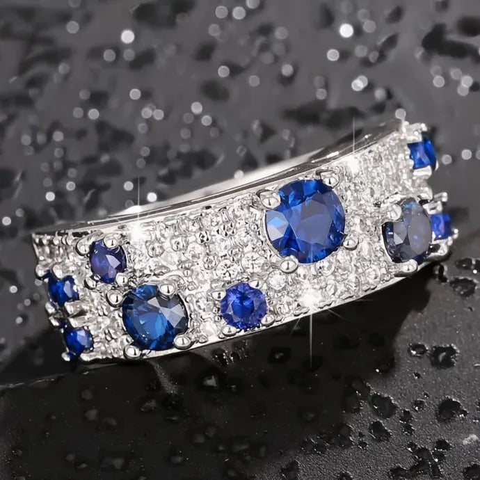 Blue White CZ Geometric Brass Wedding Engagement Ring for Women