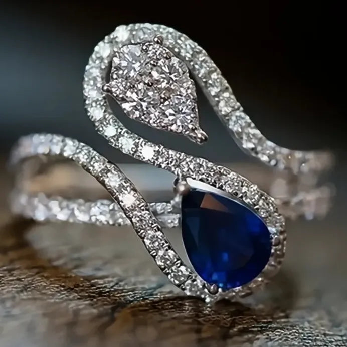 White Blue Water Drop Cubic Zirconia Bridal Wedding Ring for Women