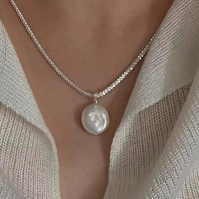Titanium Steel Baroque Pearl Thin Chain Pendant Necklace for Women