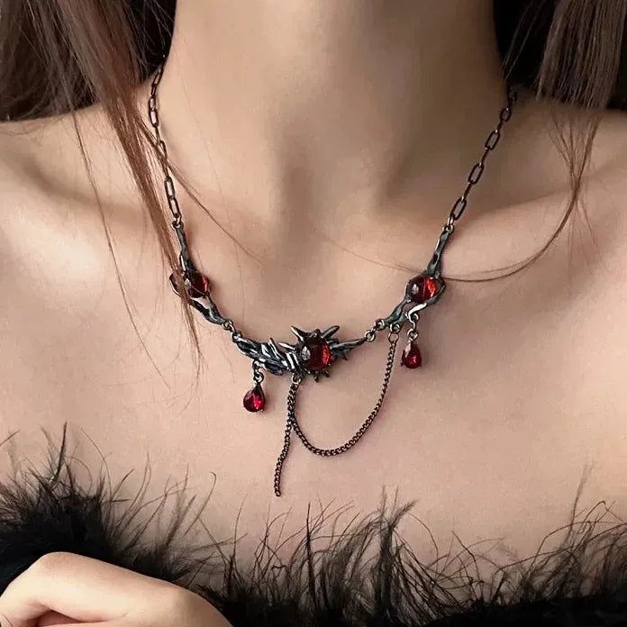 Black Stainless Steel Chain Necklace with Red Zircon Waterdrop Pendant