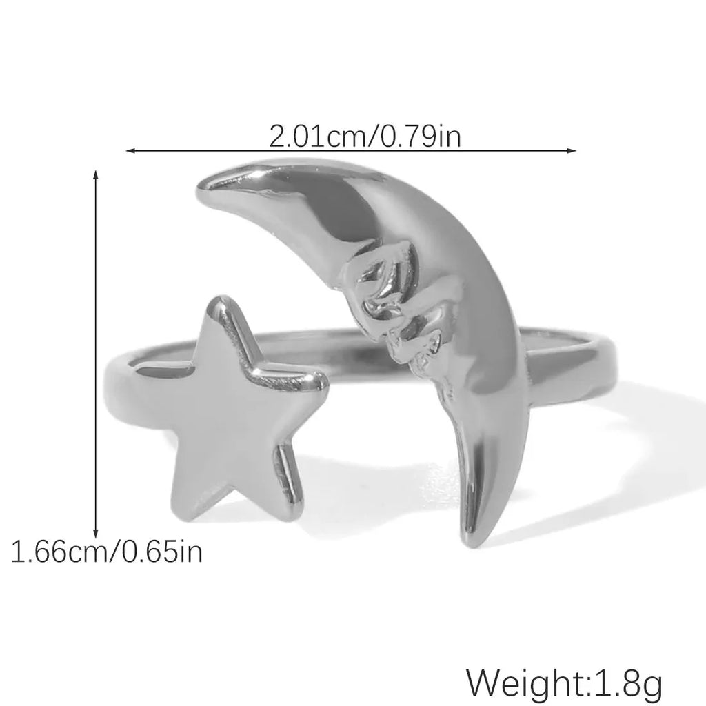 Adjustable Stainless Steel Moon Star Open Ring Unisex Gold Silver Gift Jewelry