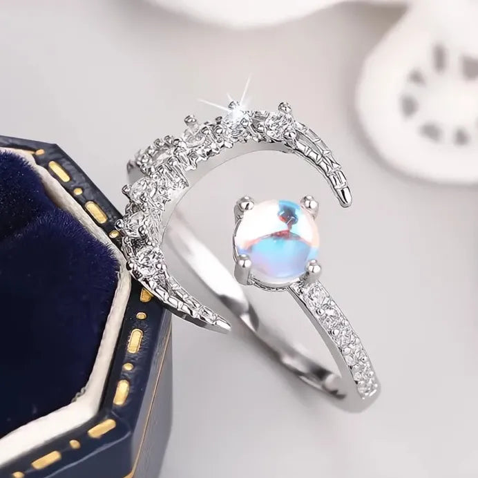 Delicate Adjustable Moon Ring with Simulated Opal & Cubic Zirconia Sparkle