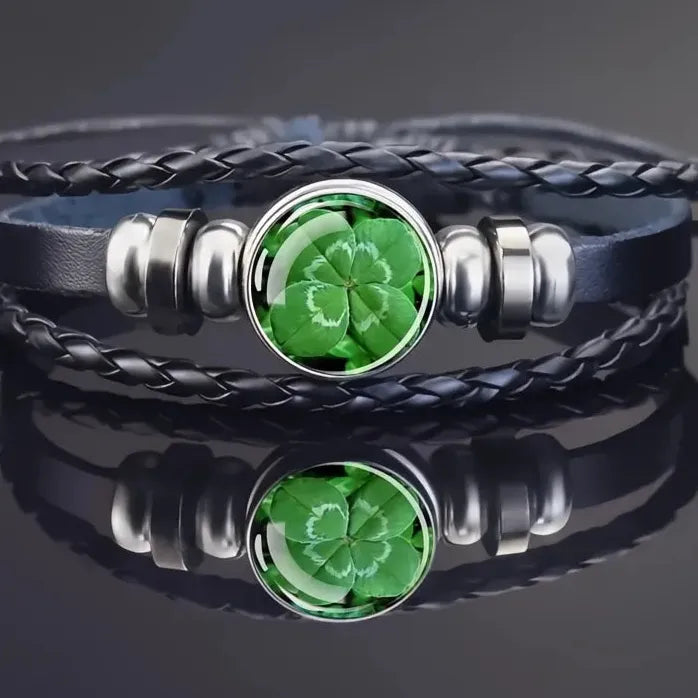 Adjustable Leather Bracelet with Lucky Clover Glass Snap Button Charm Unisex