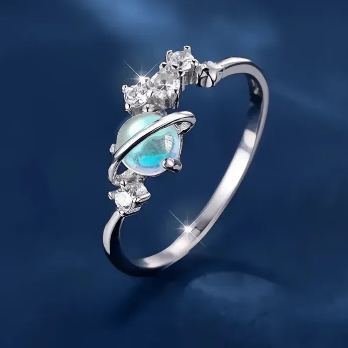 Romantic Planet Brass Wedding Band with Imitation Moonstone & CZ Ring