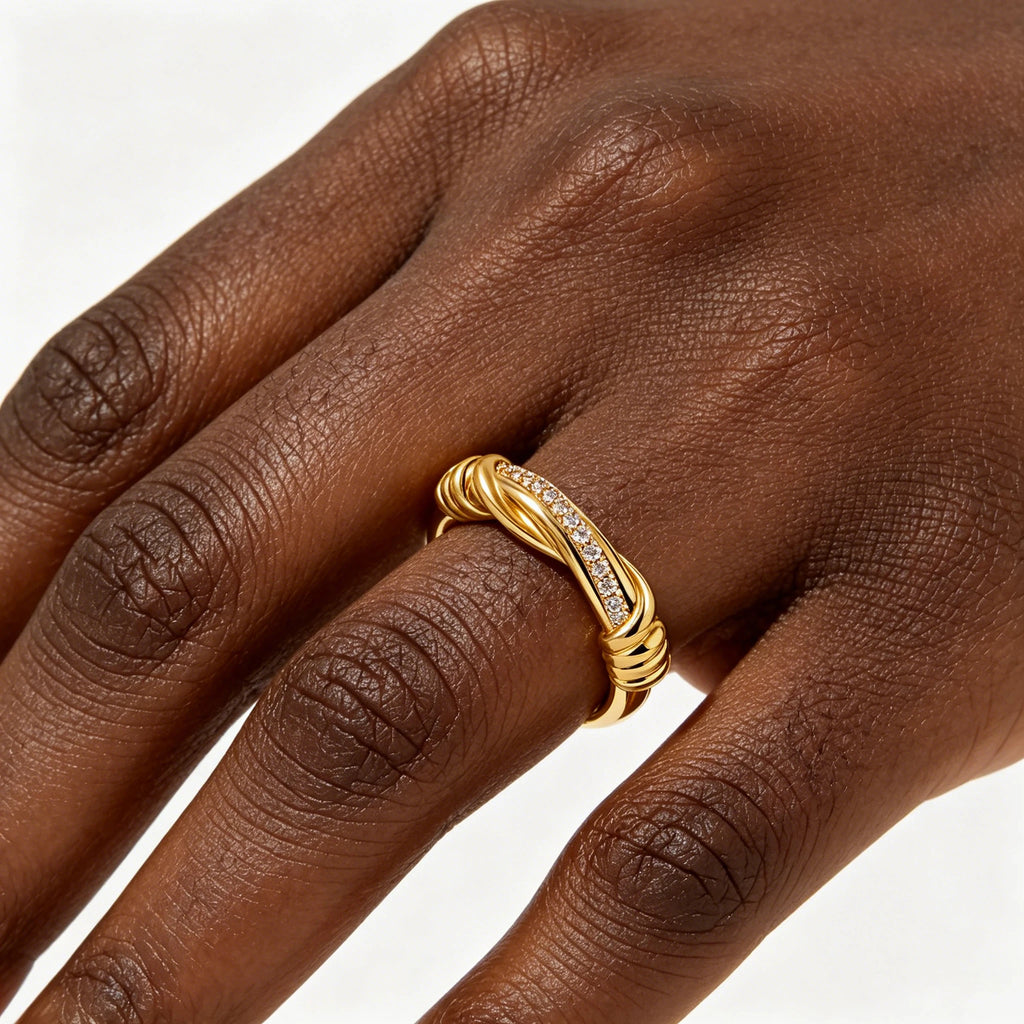 Stainless Steel Italian Designer CZ Zircon Twisted Wrap Statement Ring Minimalist Jewelry