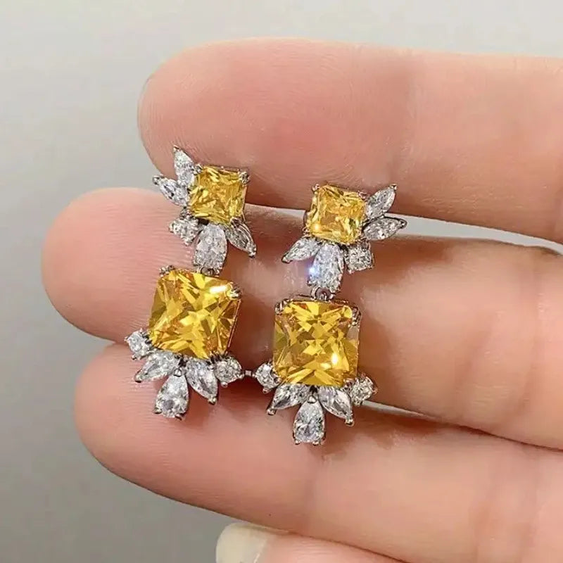 Copper Geometric Zircon Square Stud Earrings Shiny CZ Bride Bridesmaid Jewelry
