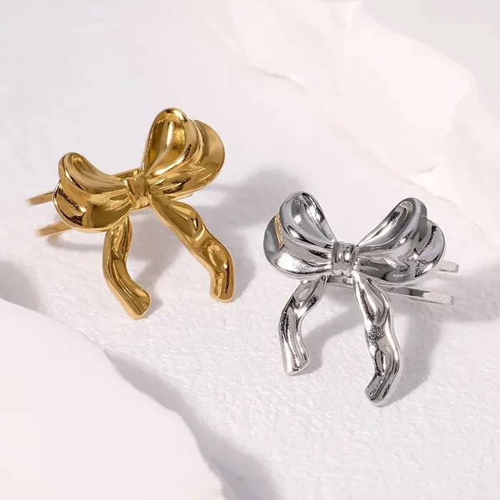 Adjustable Gold Stainless Steel Bowknot Ring for Women Wedding Jewelry Gift